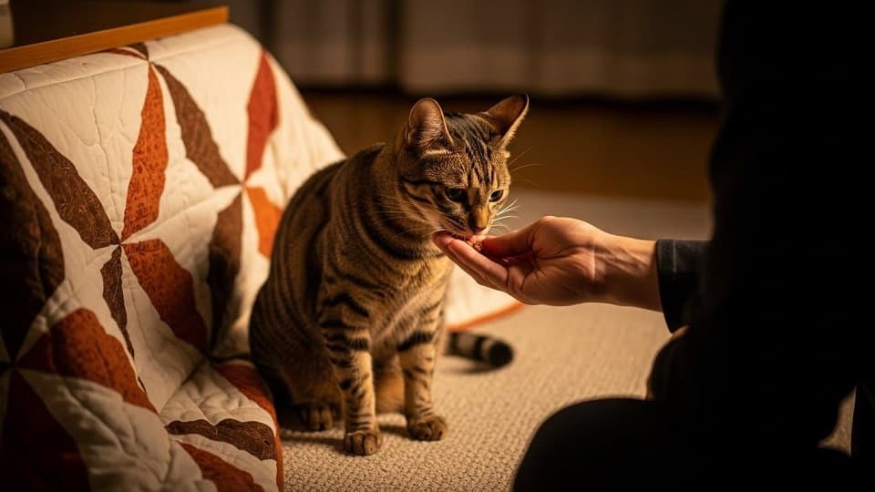 警戒心の強い猫が手から食べてくれるようになる方法